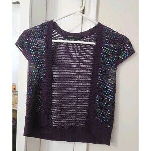 BCBGMAXAZRIA Women's 100% Silk Purple Knit Shrug With Blue Sequins Size M